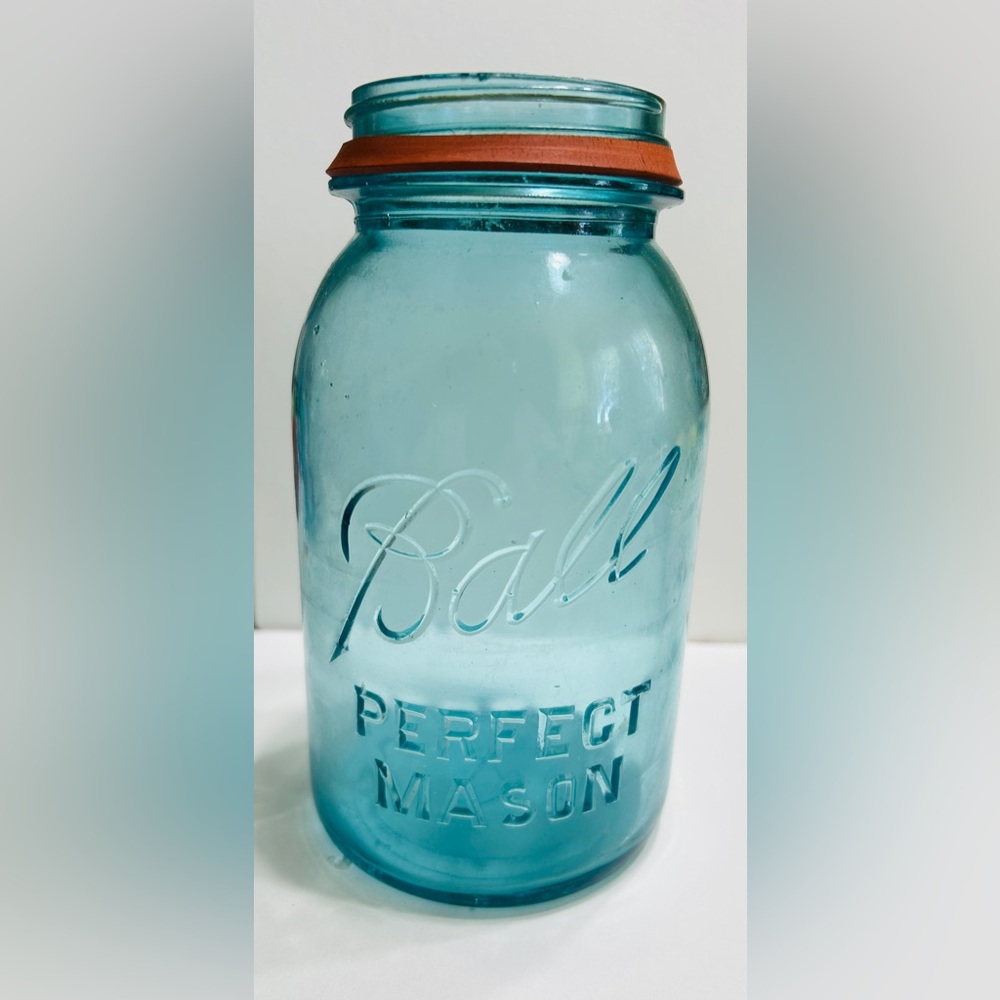 Ball Perfect Mason #13 quart jar. RARE!!! Color is blue, clear, air bubbles.